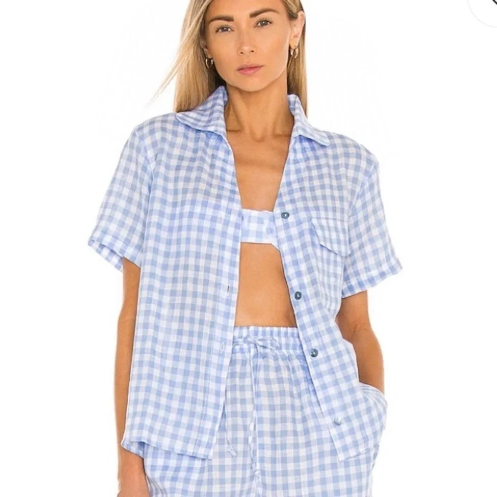 New! Frankie’s Bikinis Lou Linen Top In Bluebell Gingham 15494